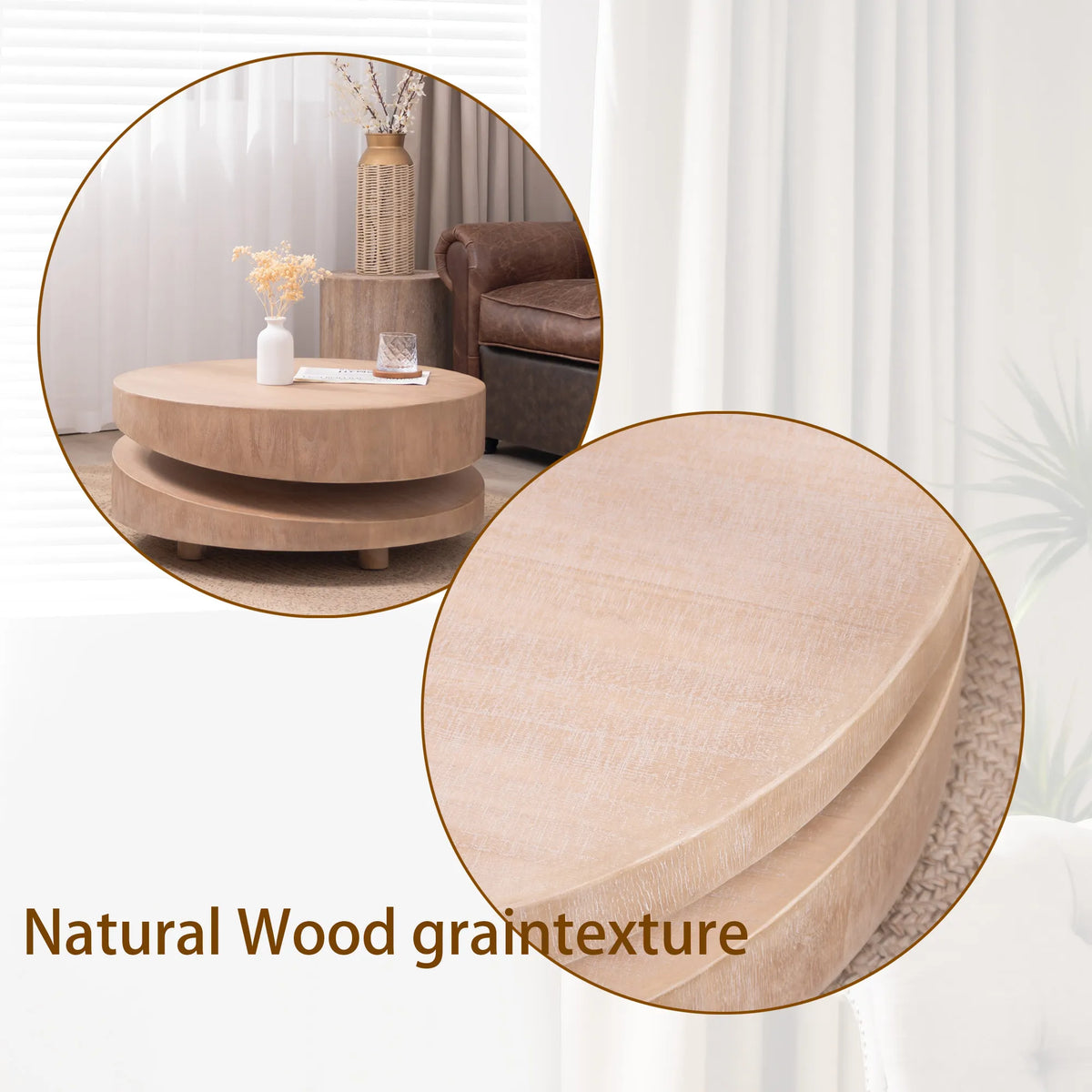 31.3" Modern Round Coffee Table with Sculptural Layered Base – Natural Wood Finish