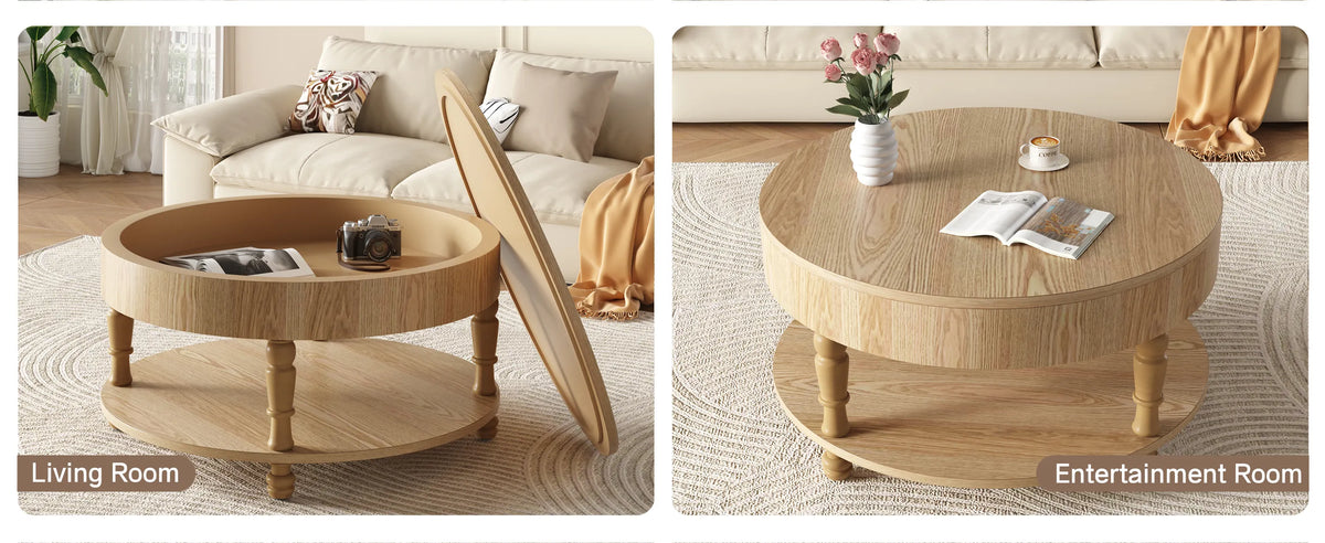 31.5" Round Coffee Table with Storage & Open Shelf