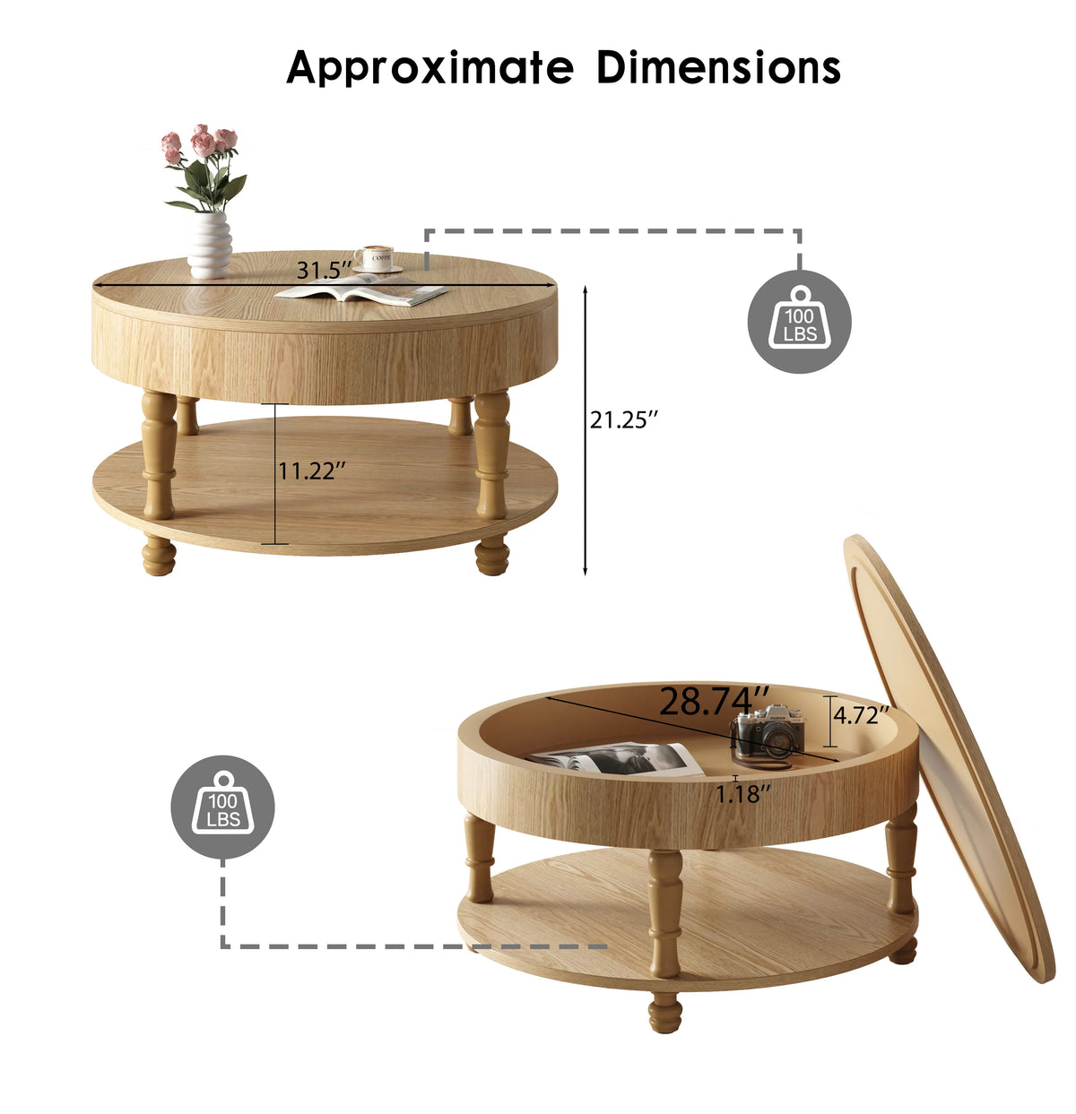 31.5" Round Coffee Table with Storage & Open Shelf