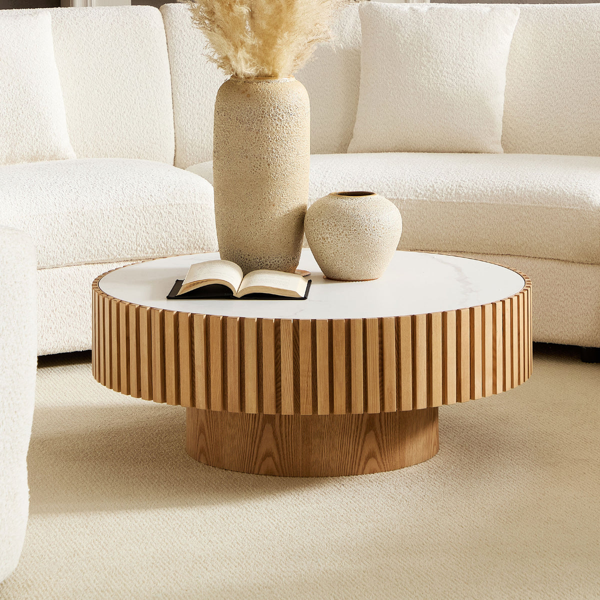 35.43" Round Fluted Coffee Table with Sintered Stone Top – Natural Oak Finish