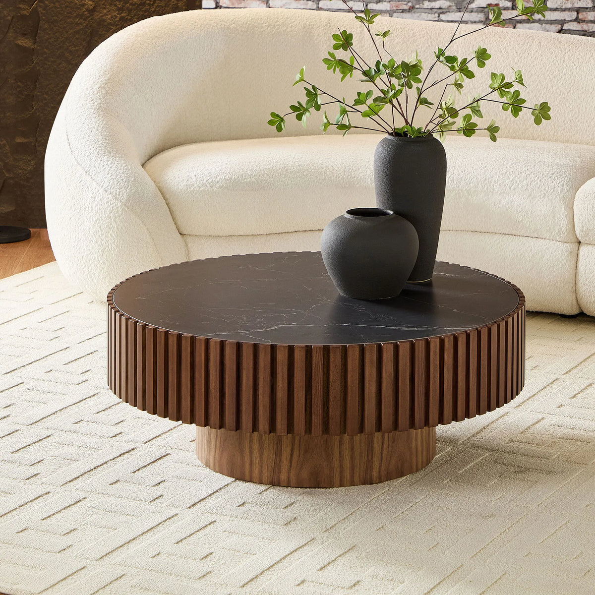 35.43" Round Fluted Coffee Table with Sintered Stone Top – Natural Oak Finish