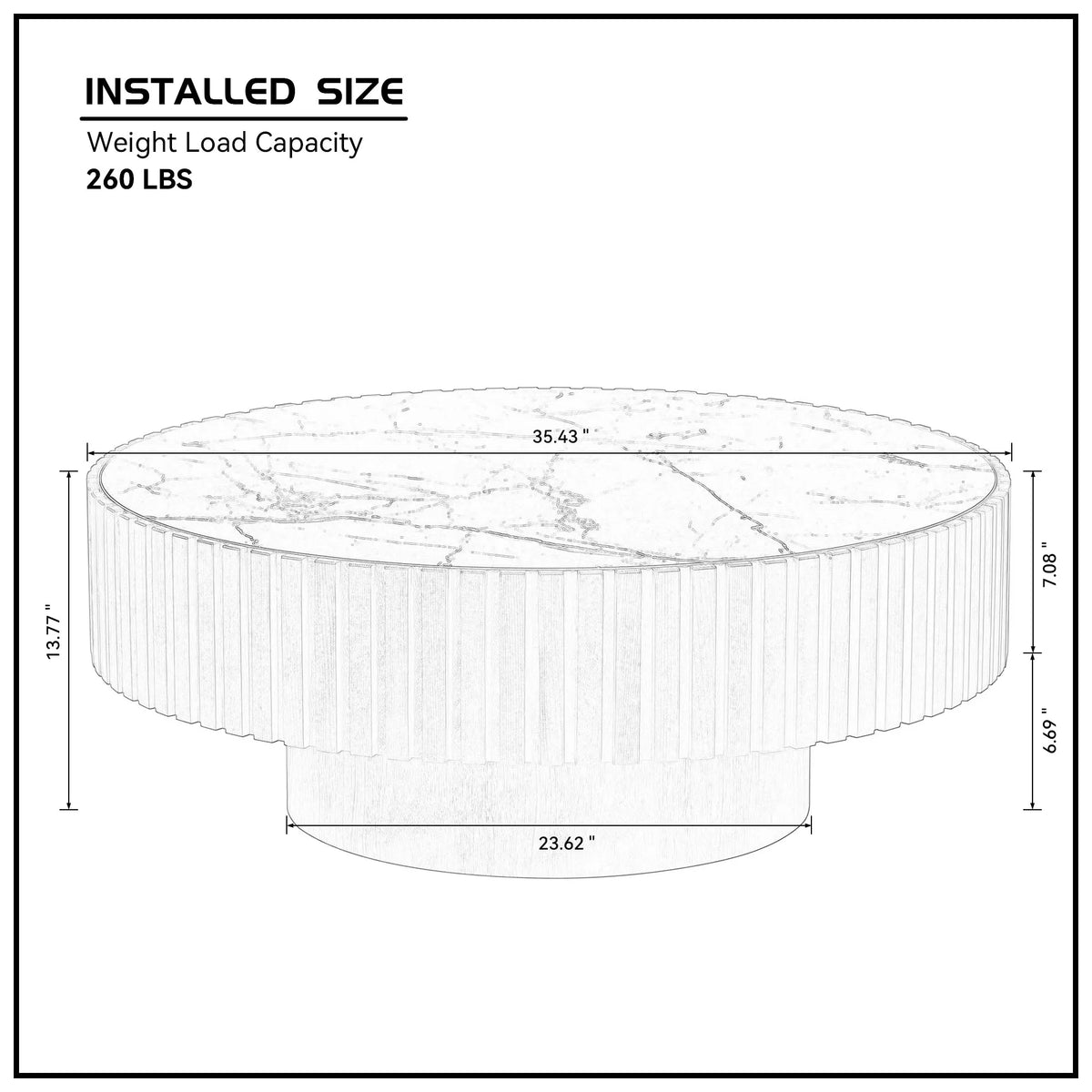 35.43" Round Fluted Coffee Table with Sintered Stone Top – Natural Oak Finish
