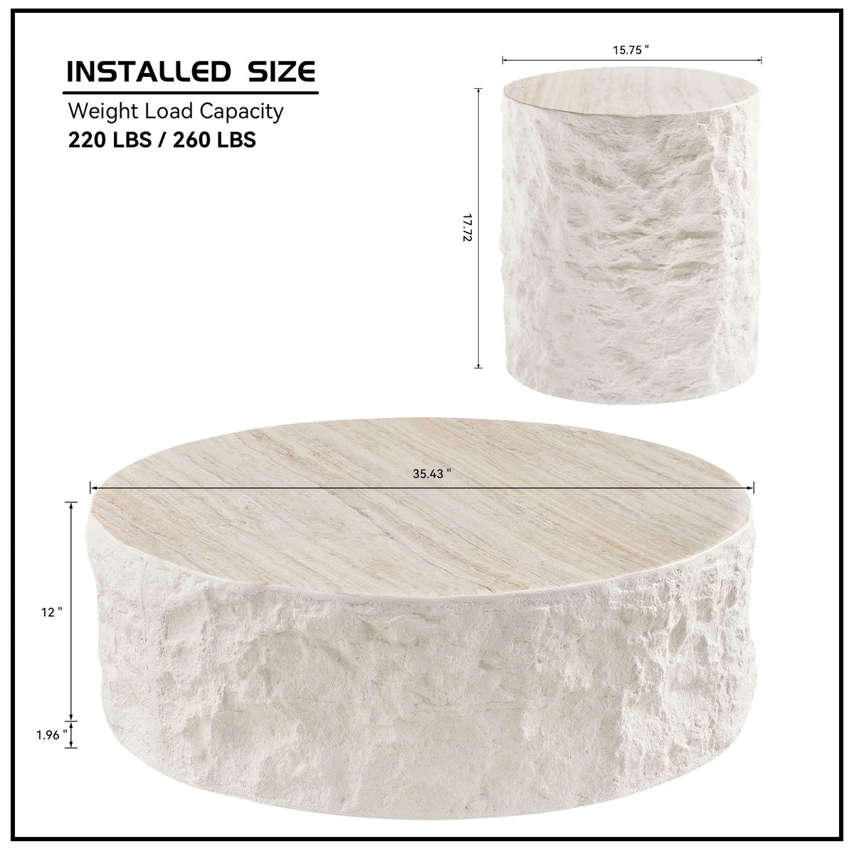 35.43" Round Stone-Look Coffee Table & Side Table Set of 2
