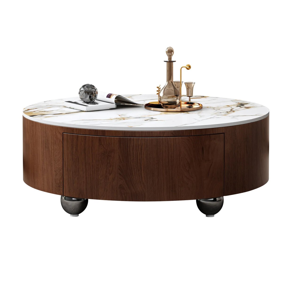 35.4" Round Coffee Table with 2 Storage Drawers & Marble-Look Top