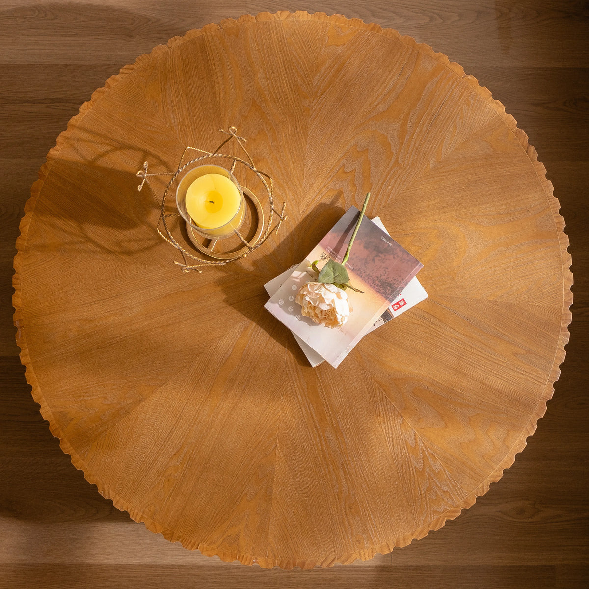 35.4" Round Fluted Coffee Table with Solid Wood Legs – Natural Finish