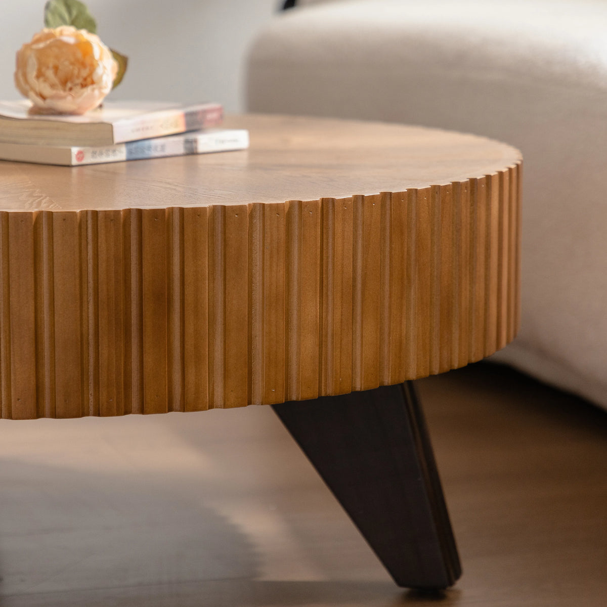 35.4" Round Fluted Coffee Table with Solid Wood Legs – Natural Finish