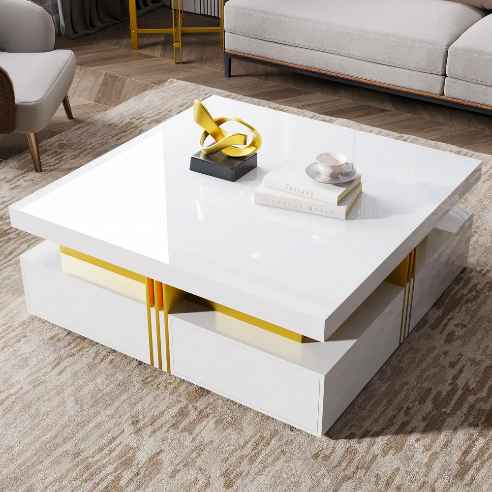 43.3" Modern Square Coffee Table with 4 Storage Drawers