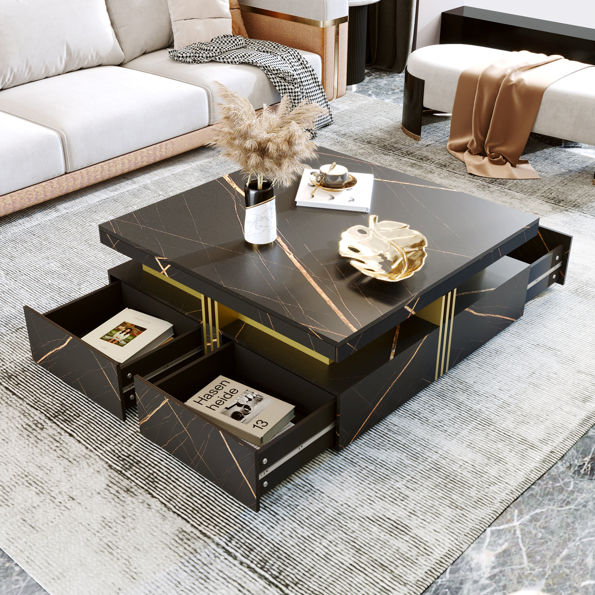 43.3" Modern Square Coffee Table with 4 Storage Drawers