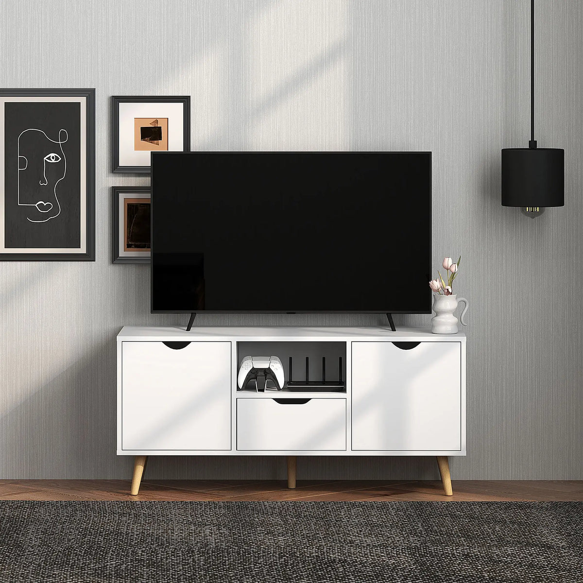 43.3" White TV Stand for TVs up to 50" with Drawer & Cabinets