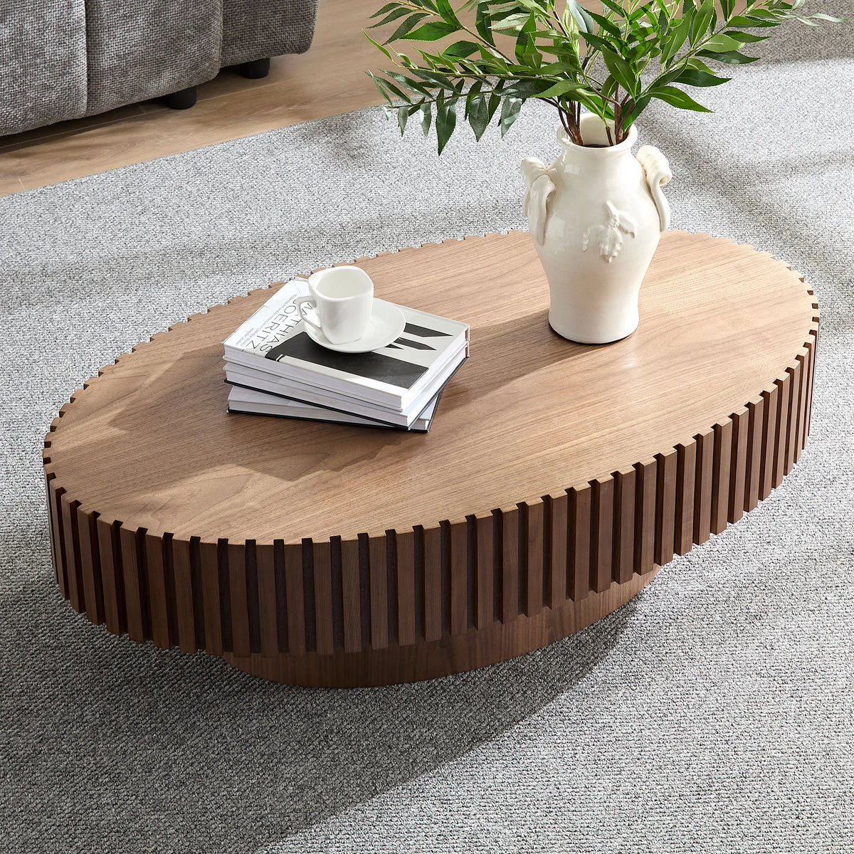 43.7" Oval Fluted Coffee Table with Pedestal Base