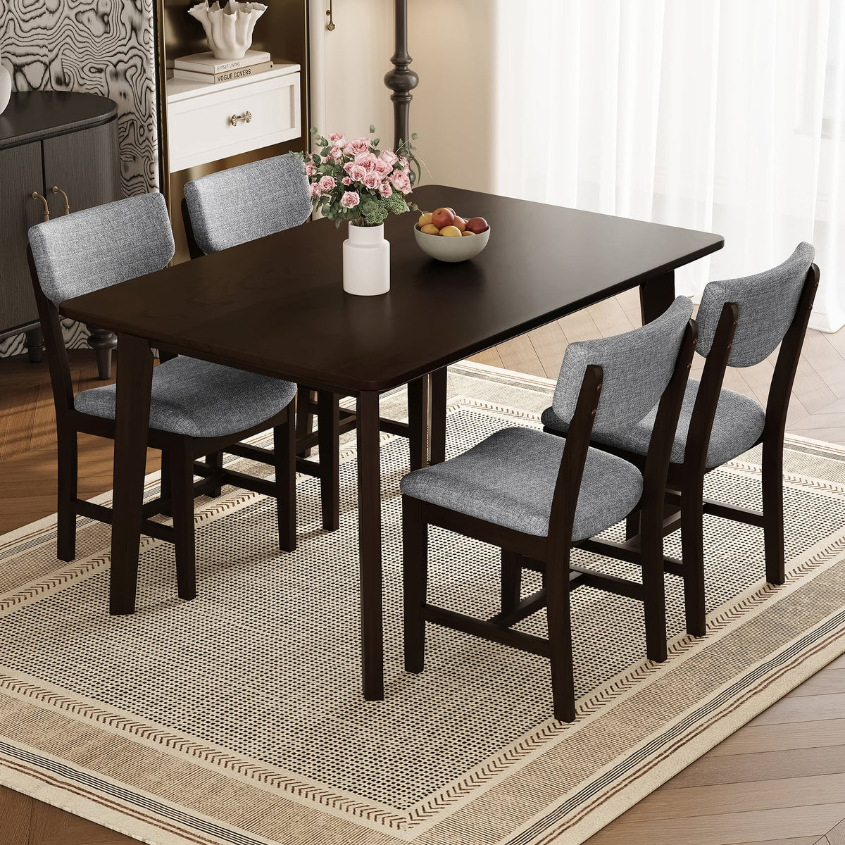 5-Piece Dining Table Set for 4 – 47.24" Rectangular Table with Gray Upholstered Chairs