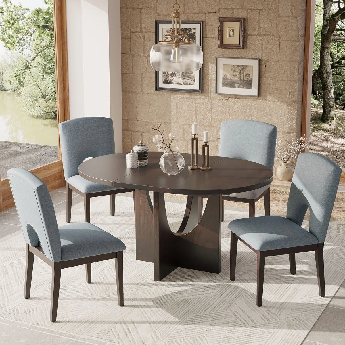 5-Piece Extendable Round Dining Table Set for 4 – 40.9"–57.1" Pedestal Table with Upholstered Chairs