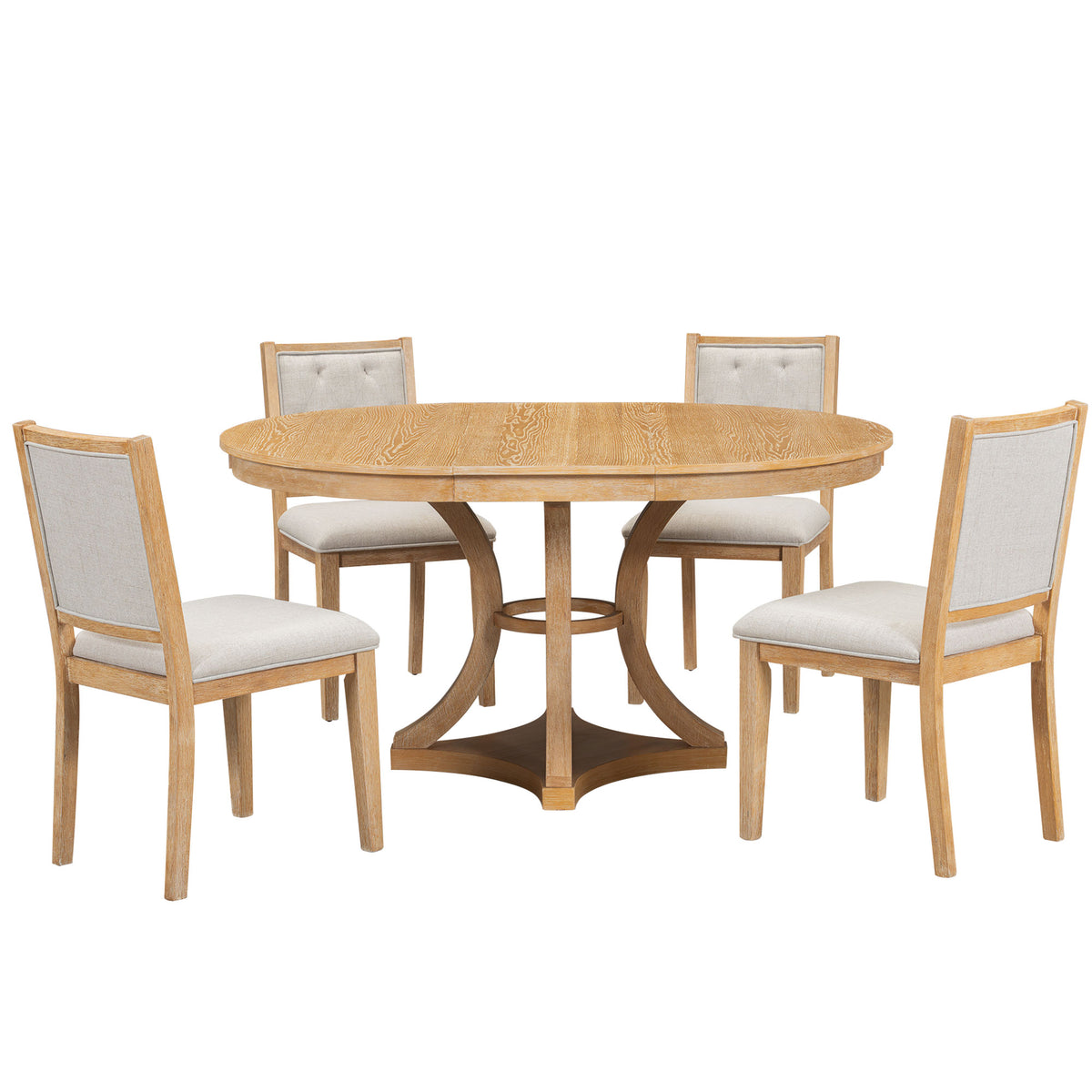 5-Piece Extendable Round Dining Table Set for 4 – 42"–58" Natural Wood Finish with Tufted Chairs
