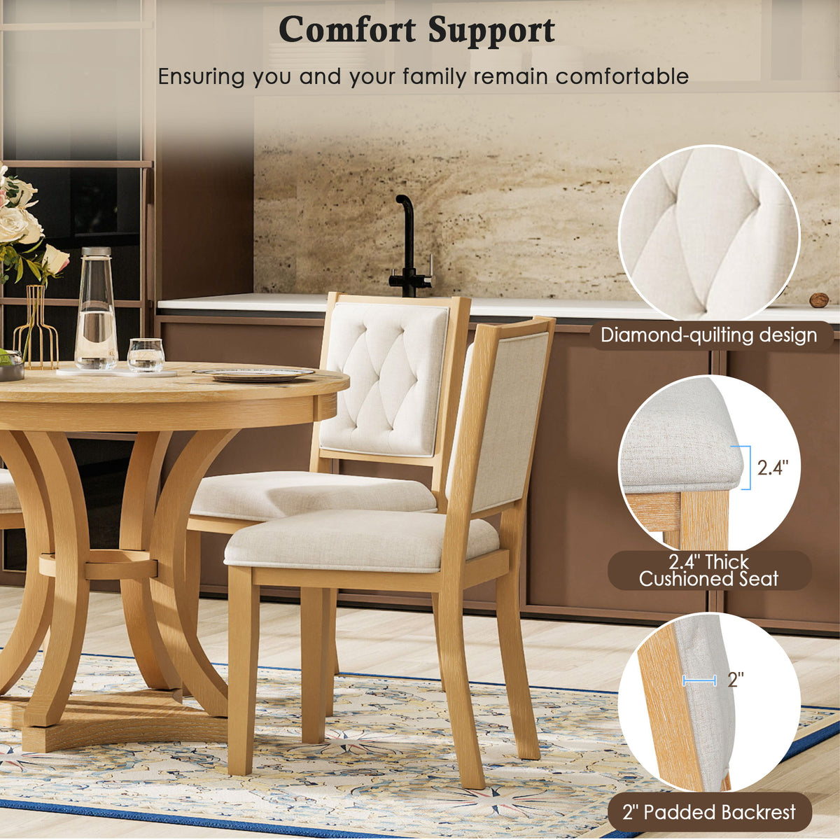 5-Piece Extendable Round Dining Table Set for 4 – 42"–58" Natural Wood Finish with Tufted Chairs