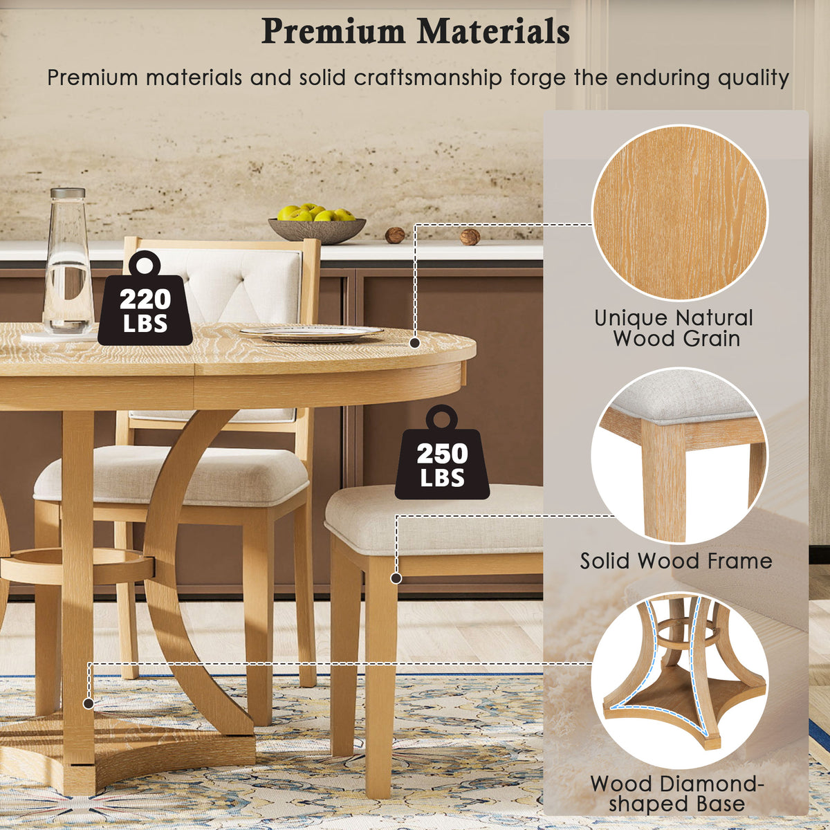 5-Piece Extendable Round Dining Table Set for 4 – 42"–58" Natural Wood Finish with Tufted Chairs