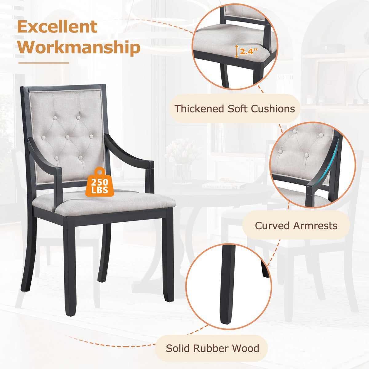 5-Piece Extendable Round Dining Table Set for 4 – 42"–58" Table with Upholstered Armchairs