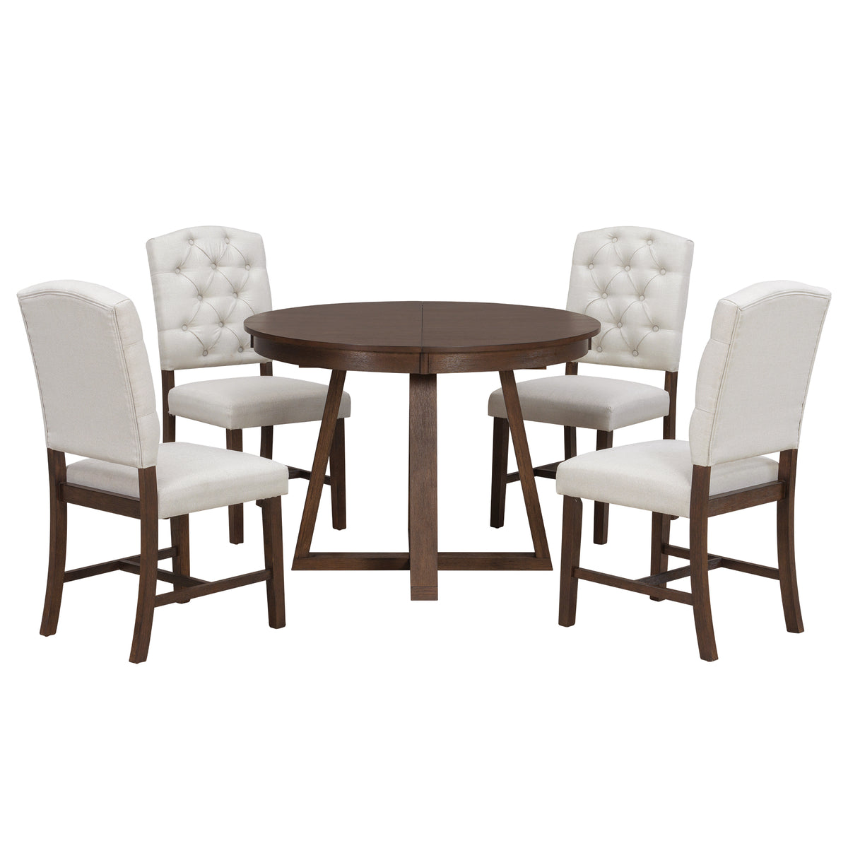 5-Piece Extendable Round Dining Table Set for 4 – 42"–58" Walnut Finish with Tufted Upholstered Chairs