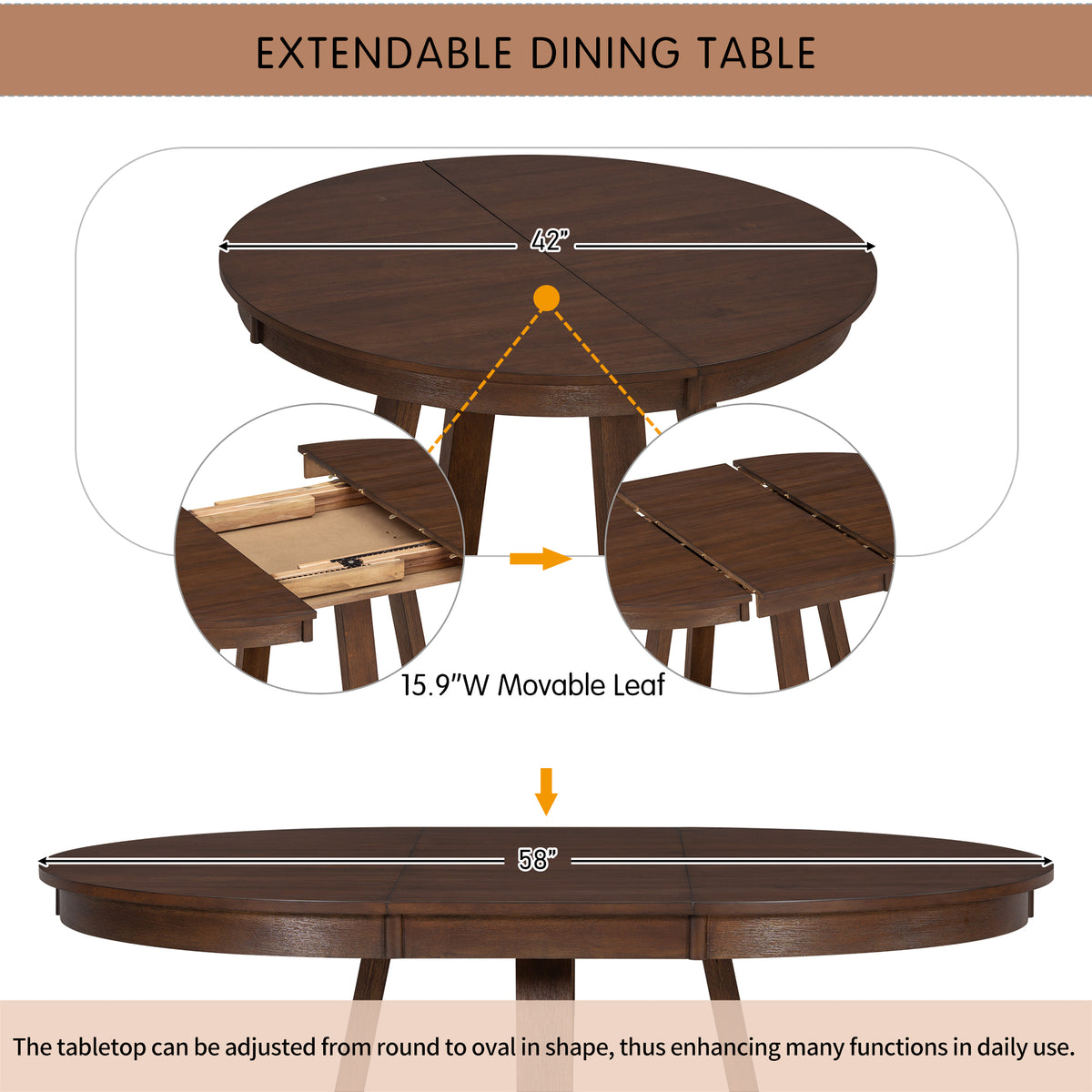 5-Piece Extendable Round Dining Table Set for 4 – 42"–58" Walnut Finish with Tufted Upholstered Chairs