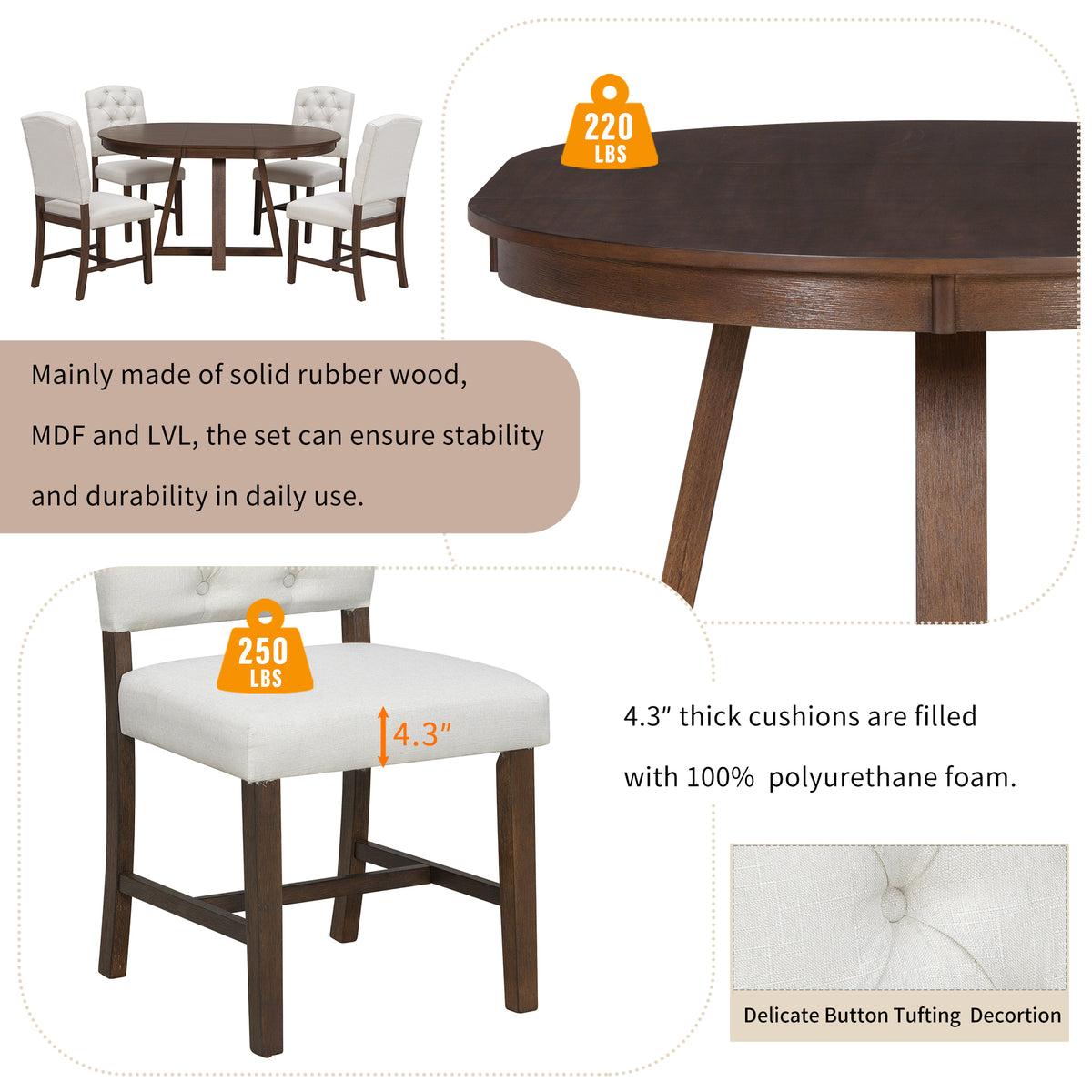 5-Piece Extendable Round Dining Table Set for 4 – 42"–58" Walnut Finish with Tufted Upholstered Chairs