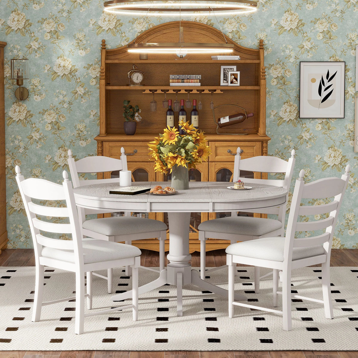 5-Piece Extendable Round Dining Table Set for 4 with Upholstered Ladder-Back Chairs