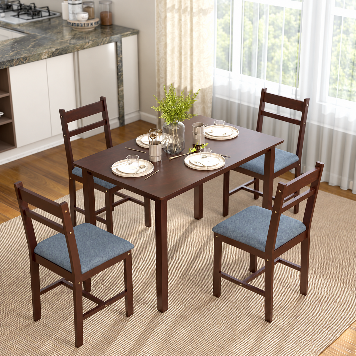 5-Piece Farmhouse Dining Table Set for 4 – 43.3" Walnut Finish with Gray Upholstered Chairs