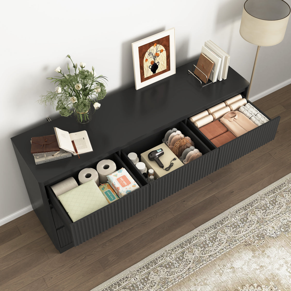 59.1" Fluted TV Stand with 9 Drawers – Modern Dresser in White or Black