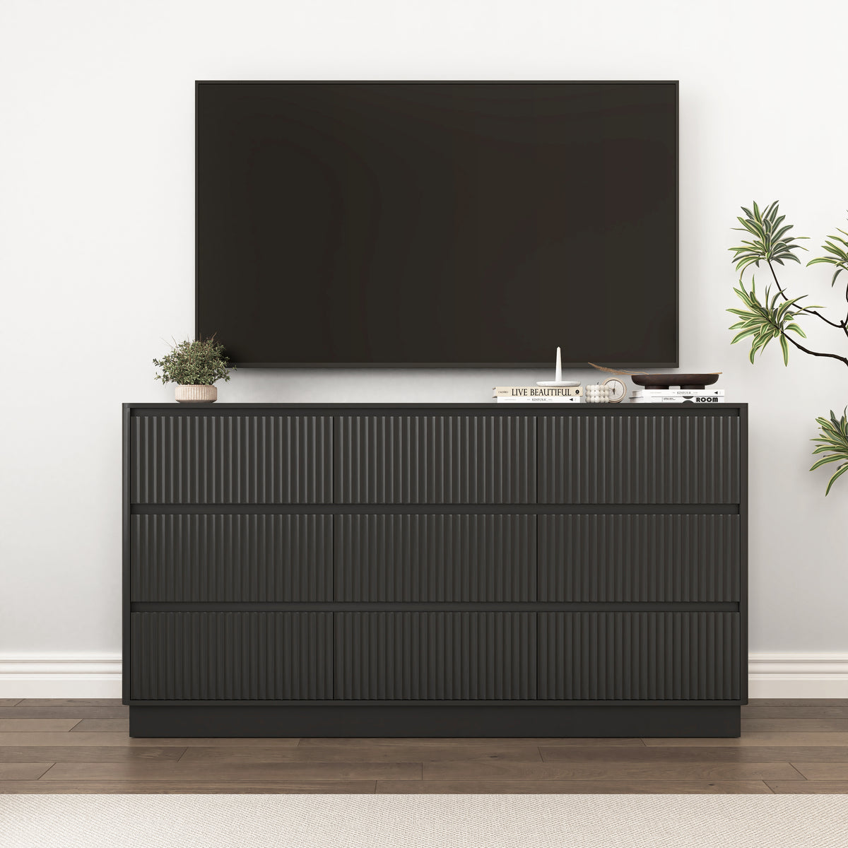 59.1" Fluted TV Stand with 9 Drawers – Modern Dresser in White or Black