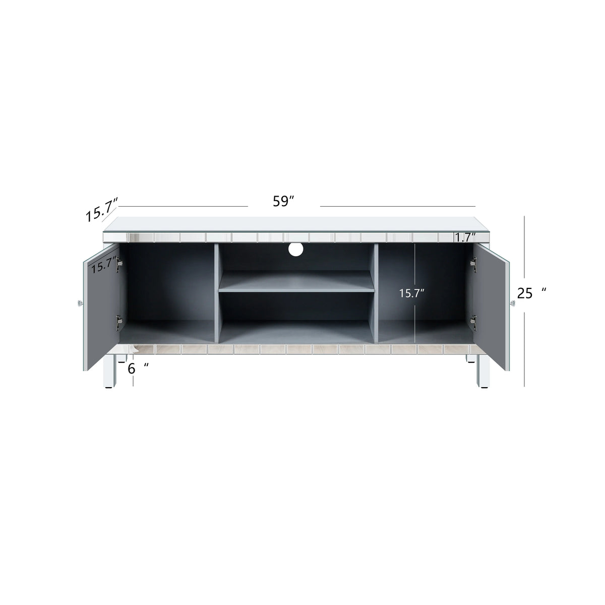 59" Silver Mirrored TV Stand with Storage & Diamond Door Accents