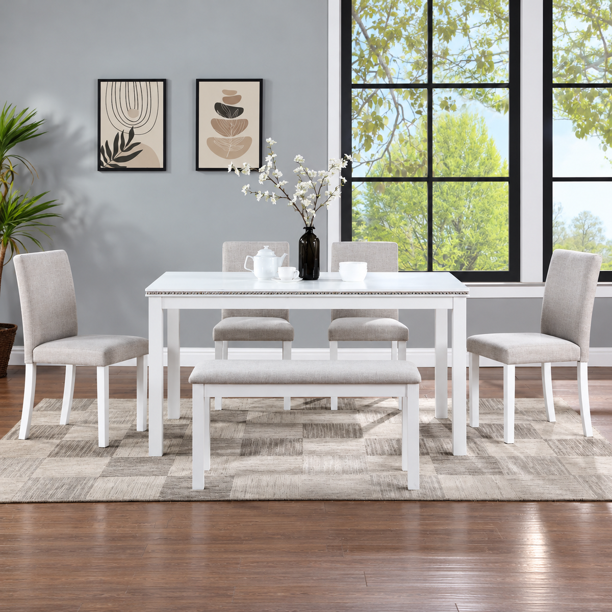 6-Piece Dining Table Set for 6 – 58.5" White Table with Gray Upholstered Chairs & Bench