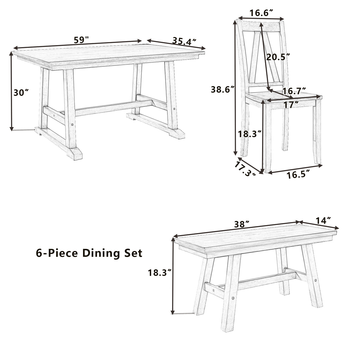 6-Piece Farmhouse Dining Table Set for 6 – 59" Espresso & White Table with Chairs and Bench