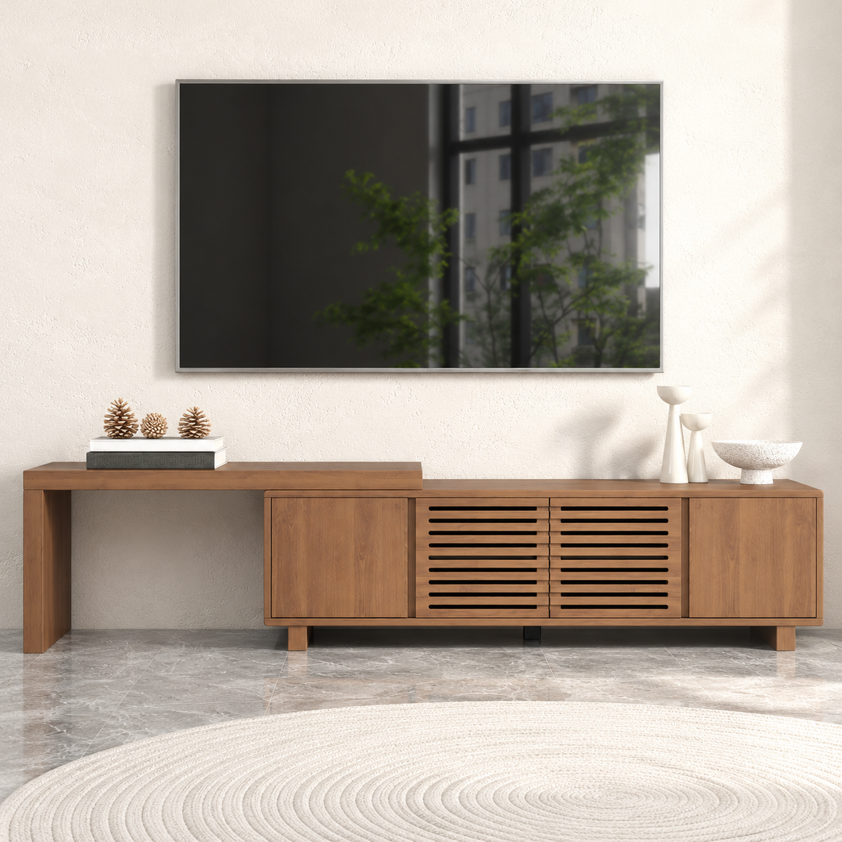 63–83" Extendable TV Stand with Storage & Slatted Doors – Walnut