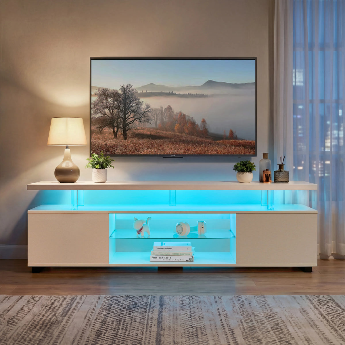 63" LED TV Stand with Storage – Modern Gaming Media Console in Gray or White