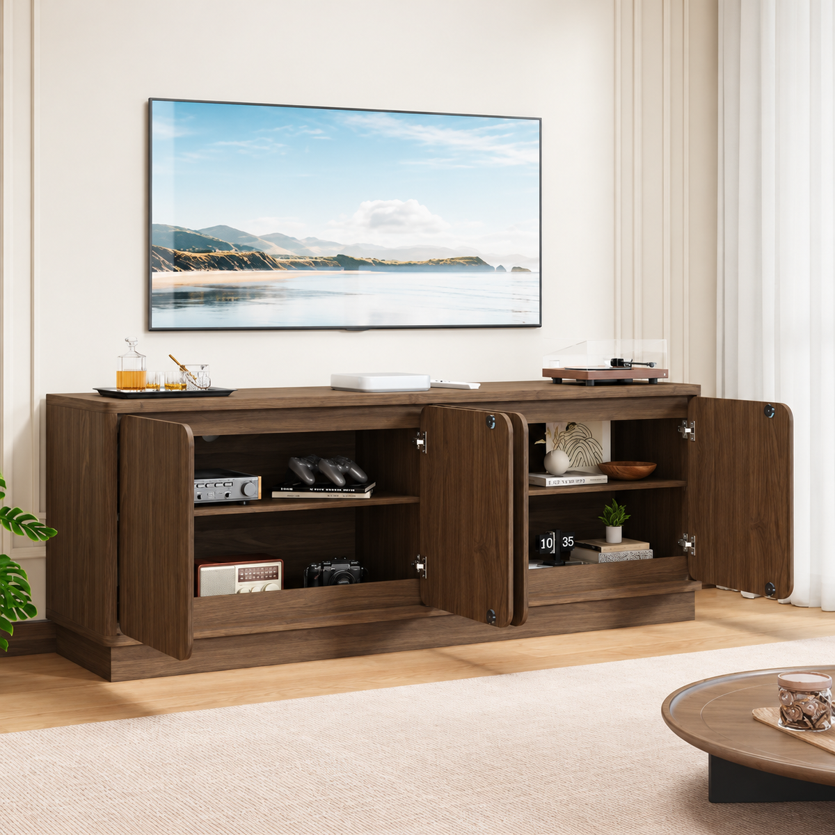 63" Modern TV Stand with 4 Doors & Storage – Black or Walnut
