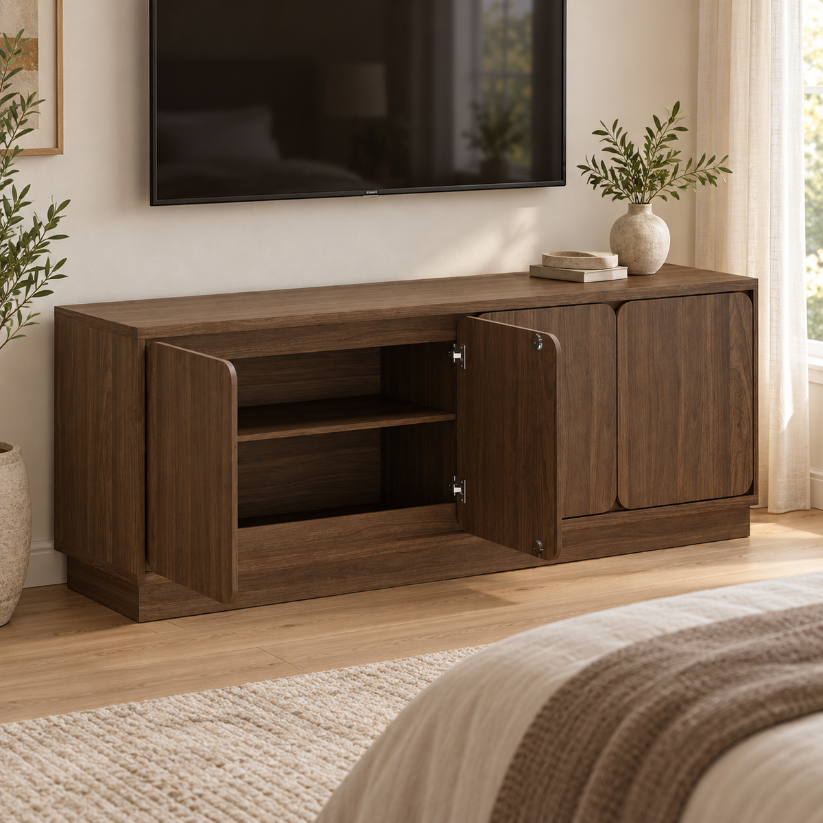 63" Modern TV Stand with 4 Doors & Storage – Black or Walnut