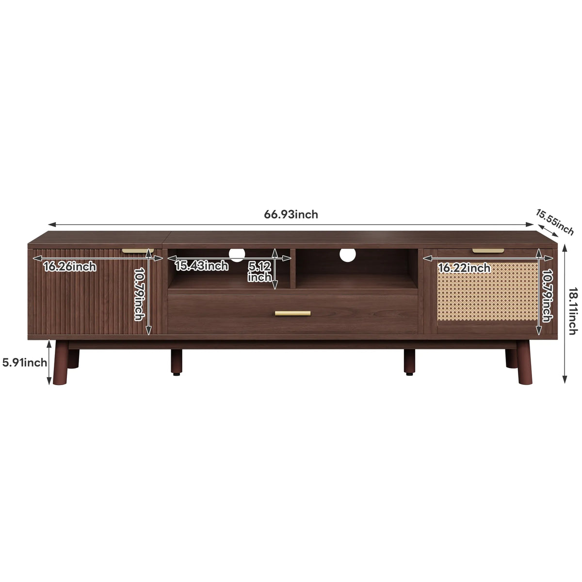 66.9" Rattan TV Stand with Storage Drawer & Soft-Close Cabinet – Dark Brown