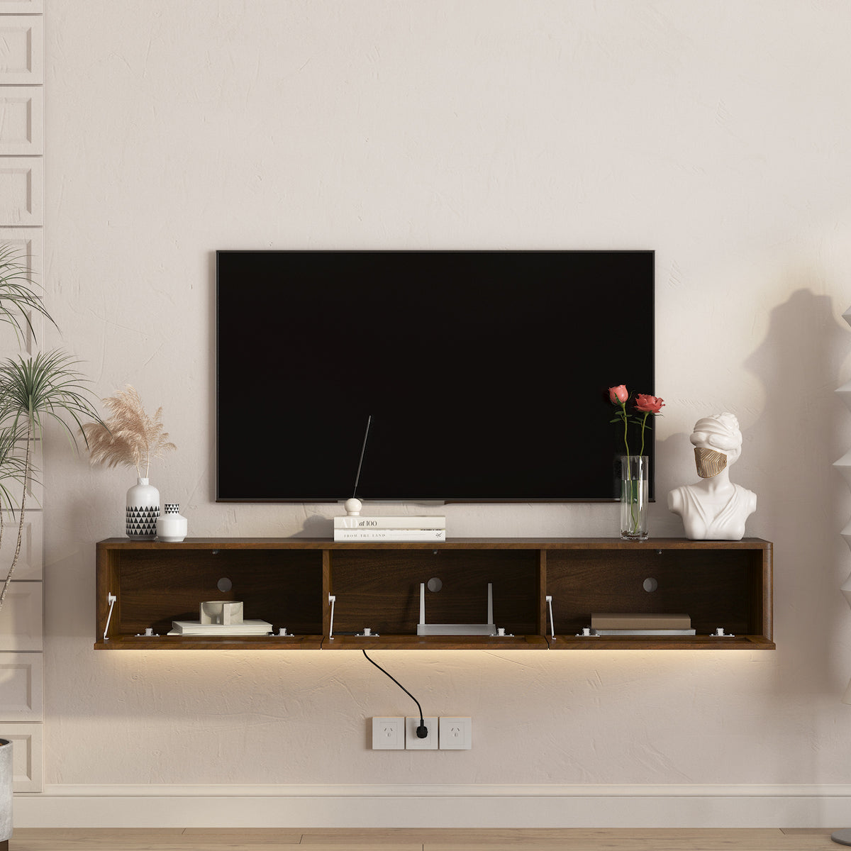 68.9" Floating TV Stand with LED Lights, Power Outlets & Storage – Walnut or Black