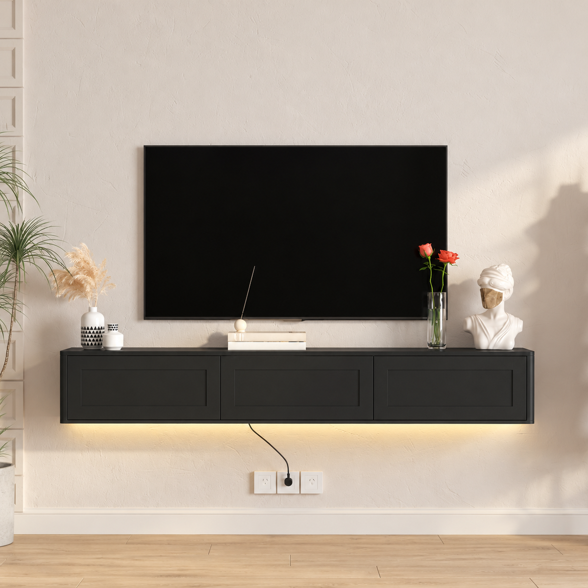 68.9" Floating TV Stand with LED Lights, Power Outlets & Storage – Walnut or Black