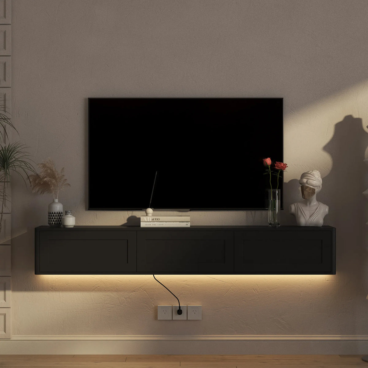 68.9" Floating TV Stand with LED Lights, Power Outlets & Storage – Walnut or Black