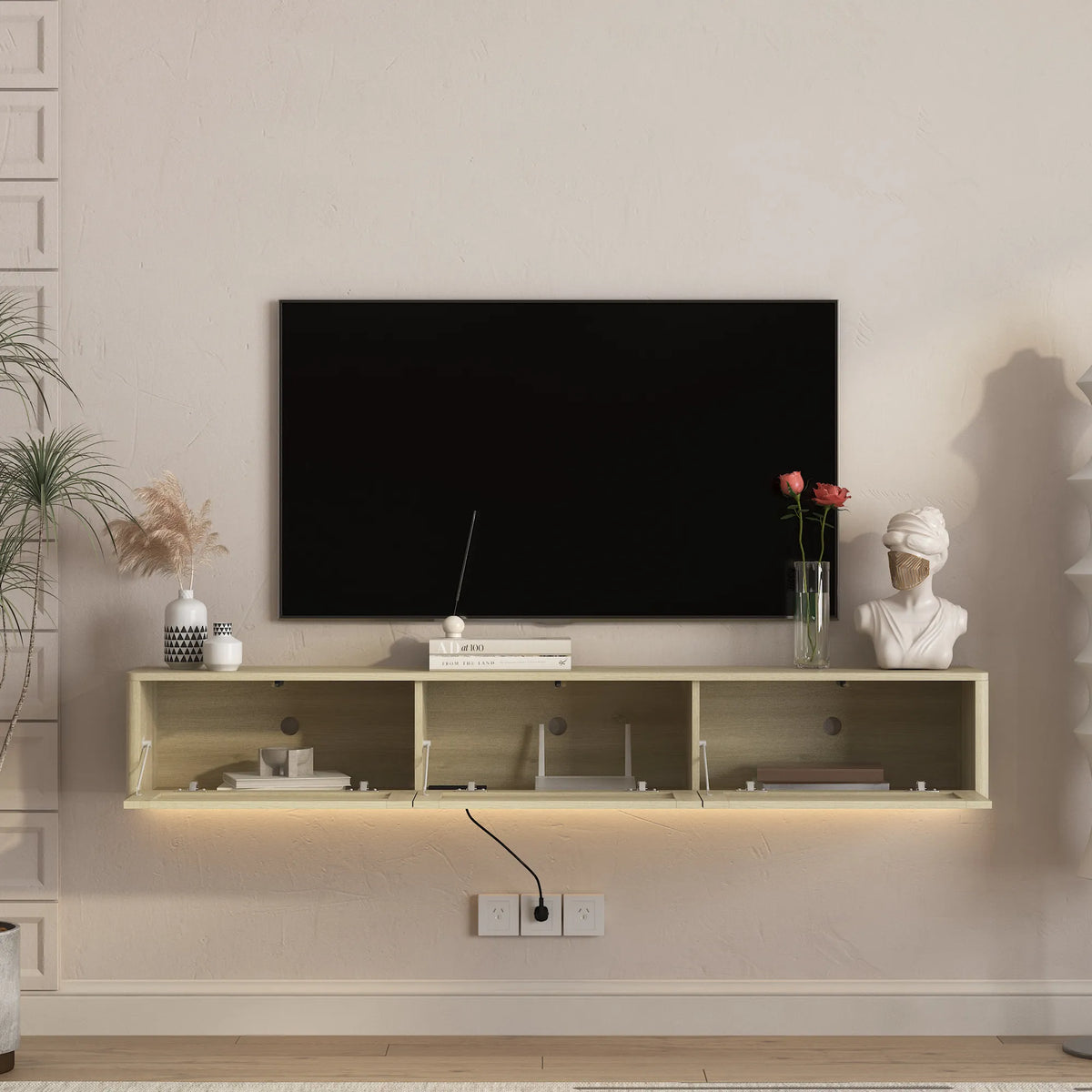 68.9" Floating TV Stand with LED Lights, Power Outlets & Storage – Walnut or Black