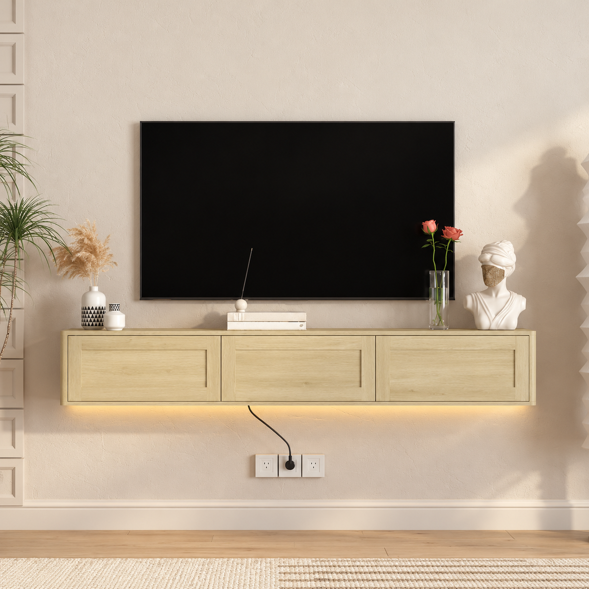 68.9" Floating TV Stand with LED Lights, Power Outlets & Storage – Walnut or Black