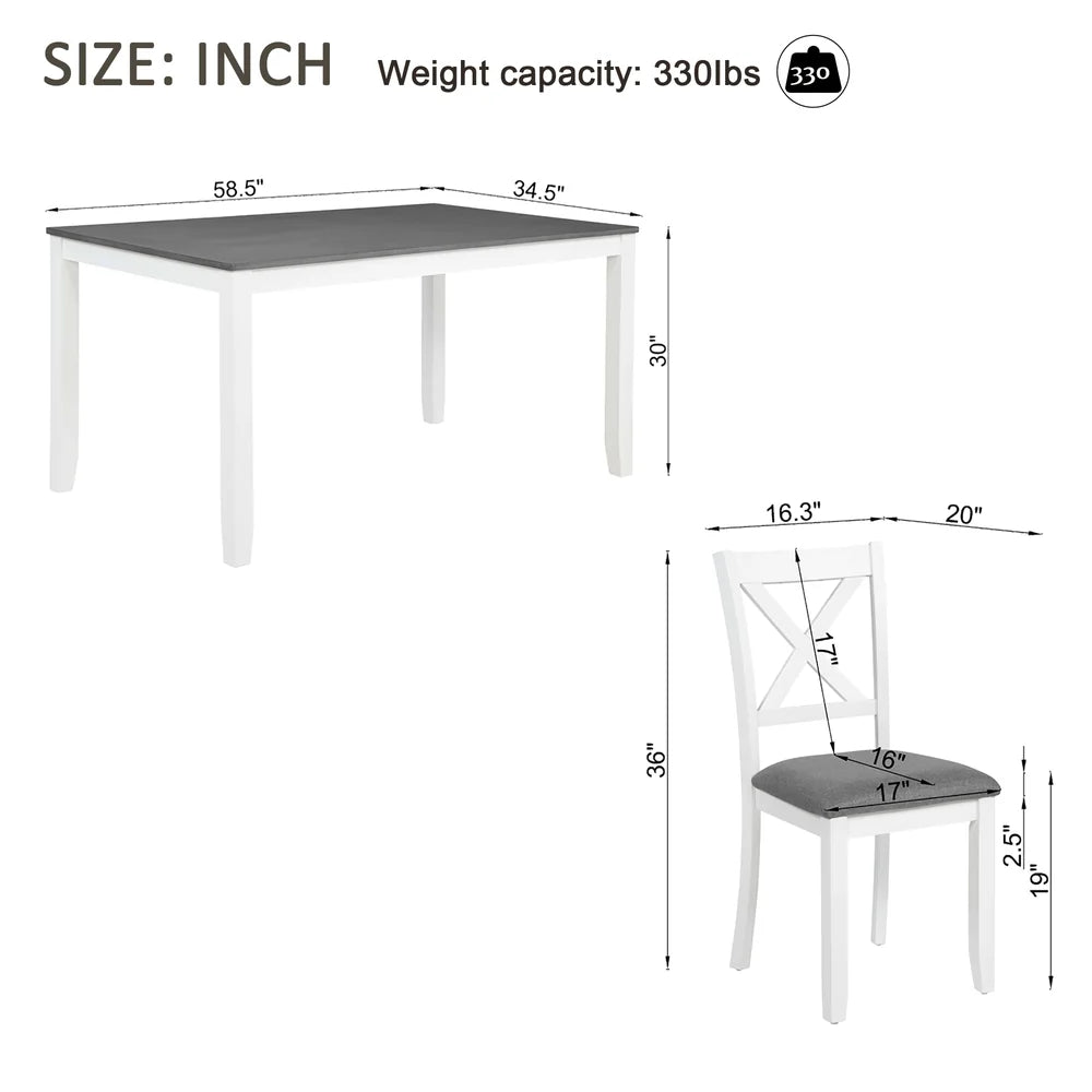 7-Piece Dining Table Set for 6 – 58.5" Table with Upholstered Cross-Back Chairs