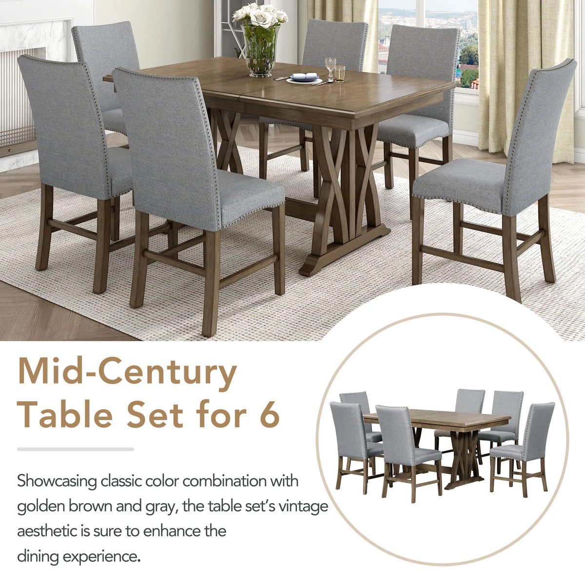 7-Piece Extendable Dining Table Set for 6 – 60" Table & Gray Upholstered Chairs