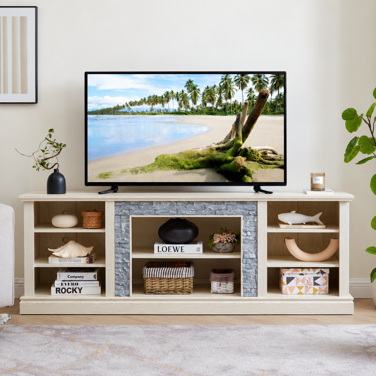 70.12" Farmhouse TV Stand with Faux Stone Surround & Open Storage