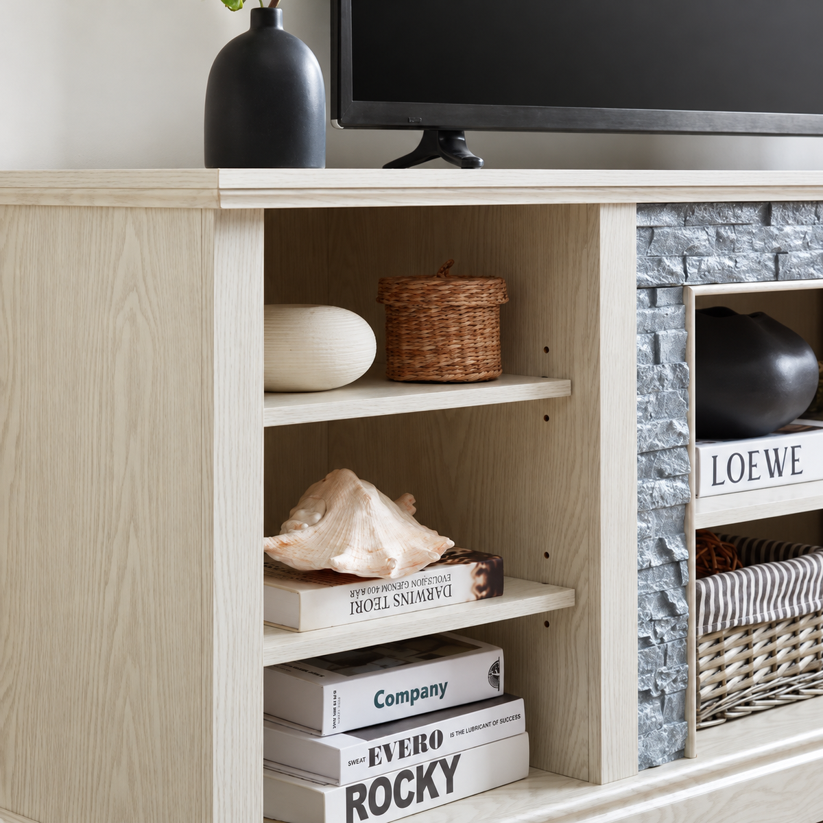 70.12" Farmhouse TV Stand with Faux Stone Surround & Open Storage