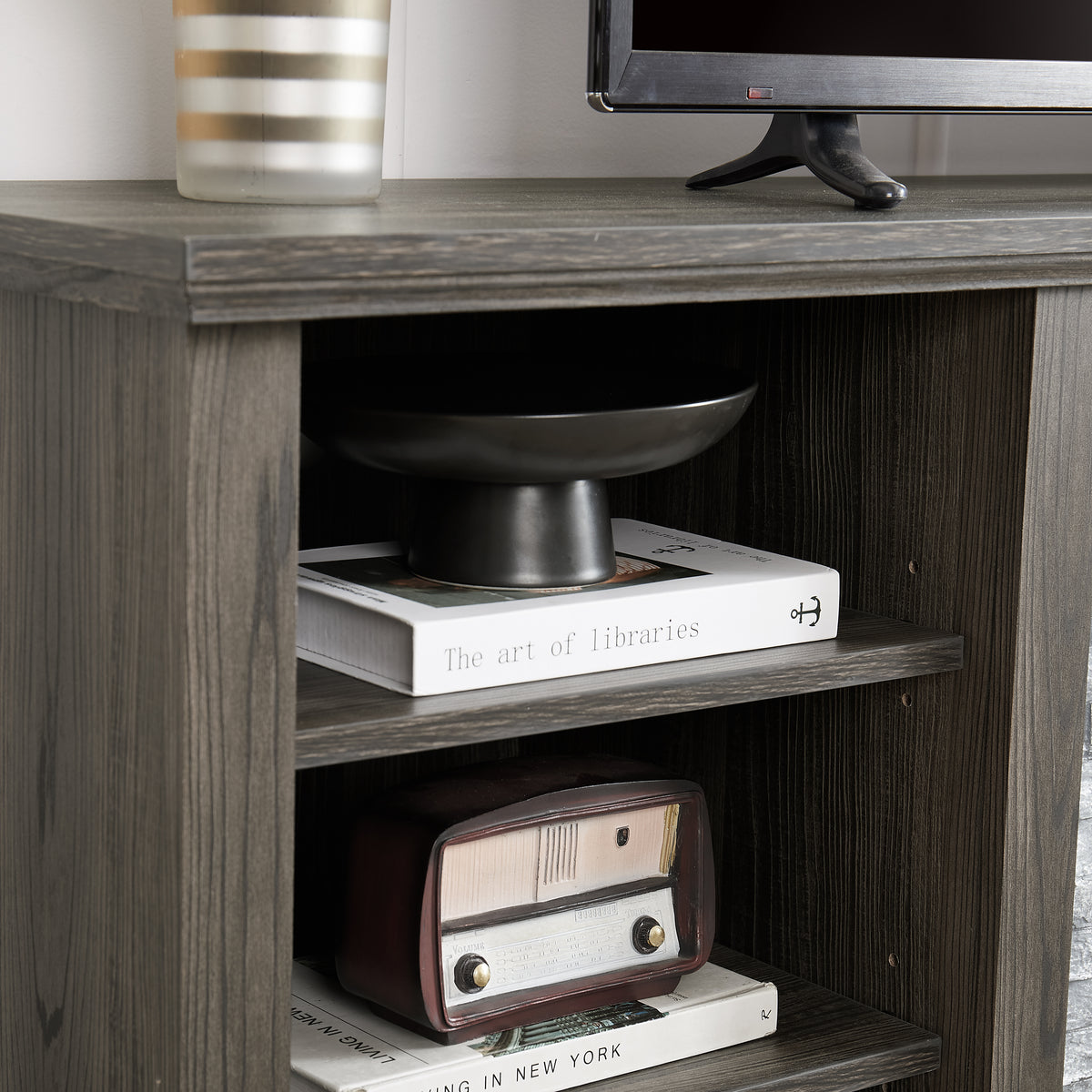70.12" Farmhouse TV Stand with Faux Stone Surround & Open Storage
