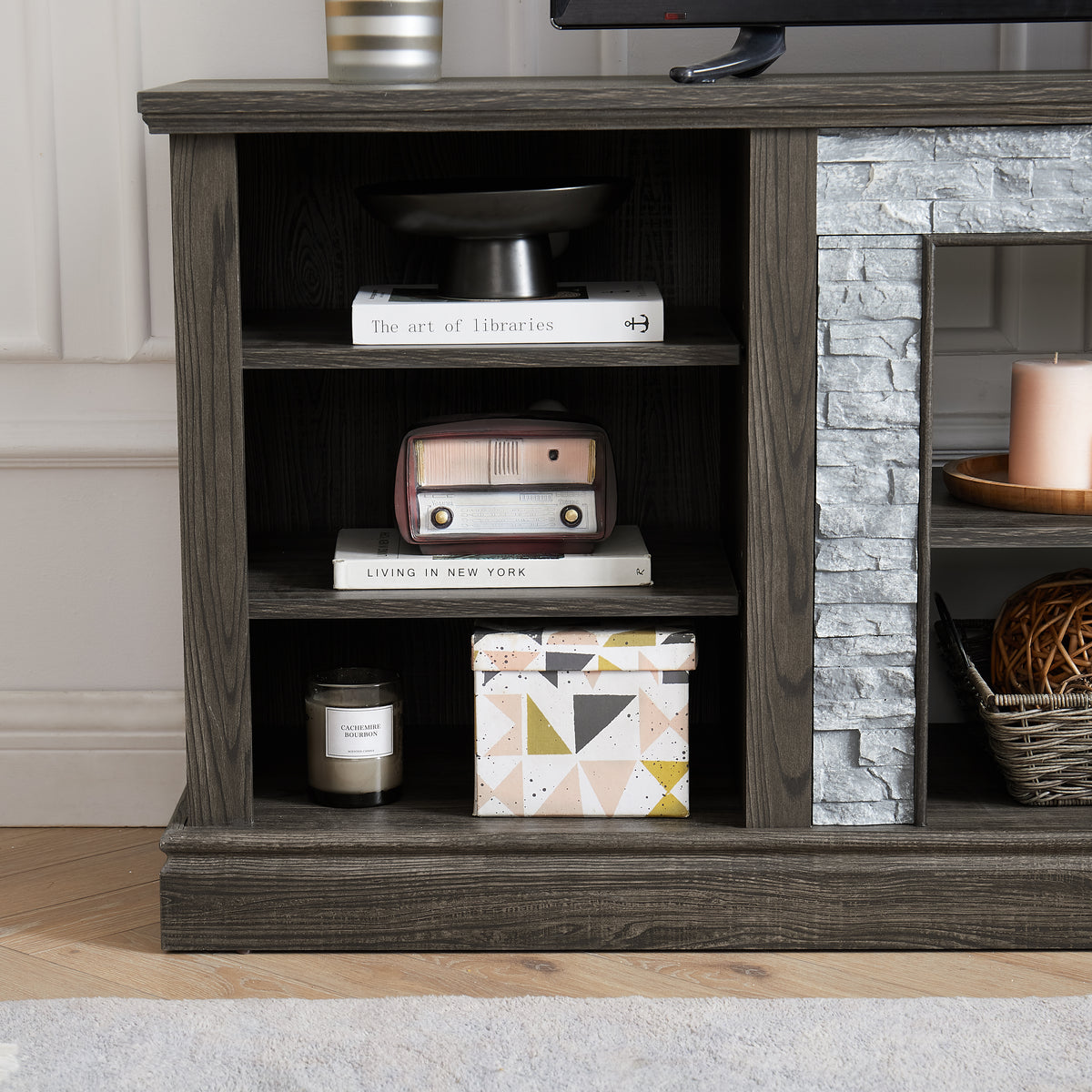 70.12" Farmhouse TV Stand with Faux Stone Surround & Open Storage