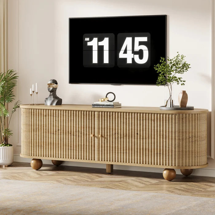 70" Fluted TV Stand with Sliding Doors & Storage – Natural Wood