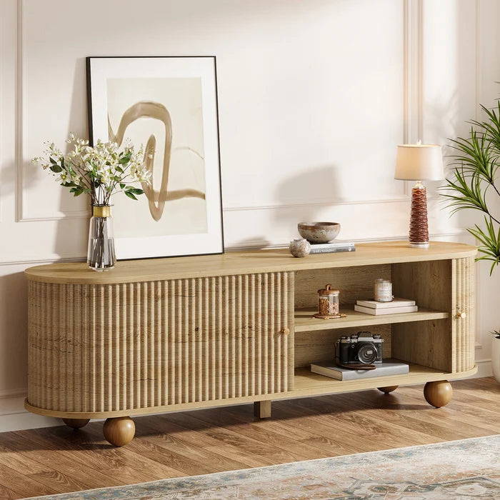 70" Fluted TV Stand with Sliding Doors & Storage – Natural Wood