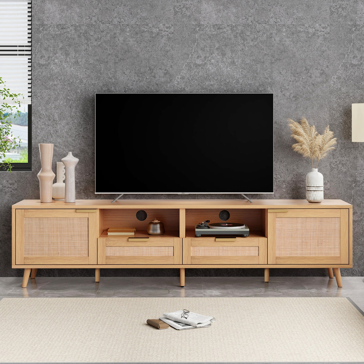 78.74" Rattan TV Stand for TVs up to 85" – Natural Wood Finish with Storage
