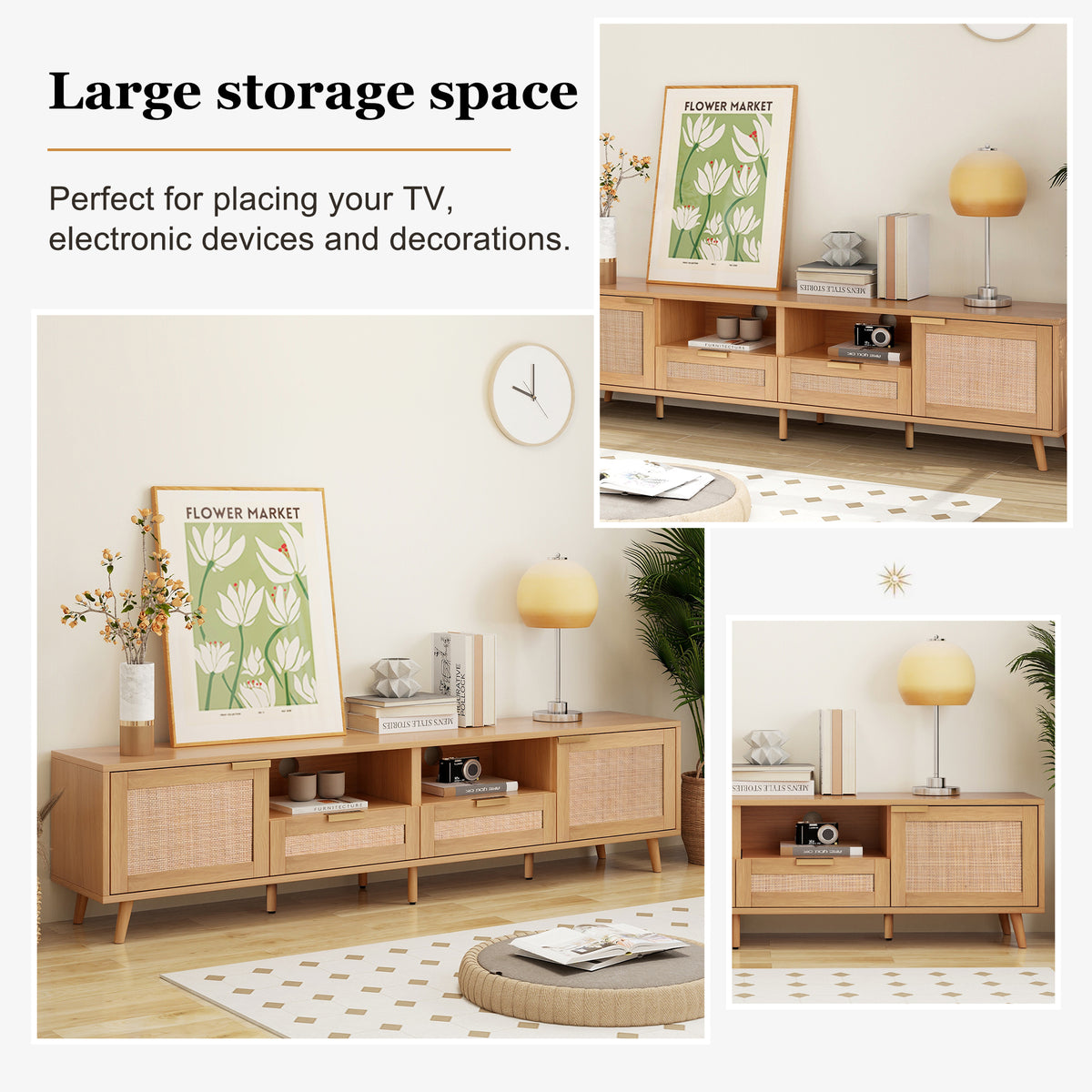 78.74" Rattan TV Stand for TVs up to 85" – Natural Wood Finish with Storage